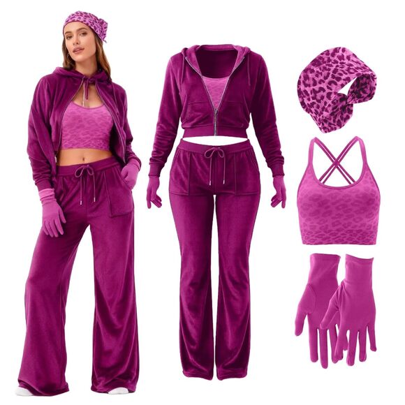 5175 5 Pcs Velour Tracksuit Set Cozy Velour Outfit Leopard